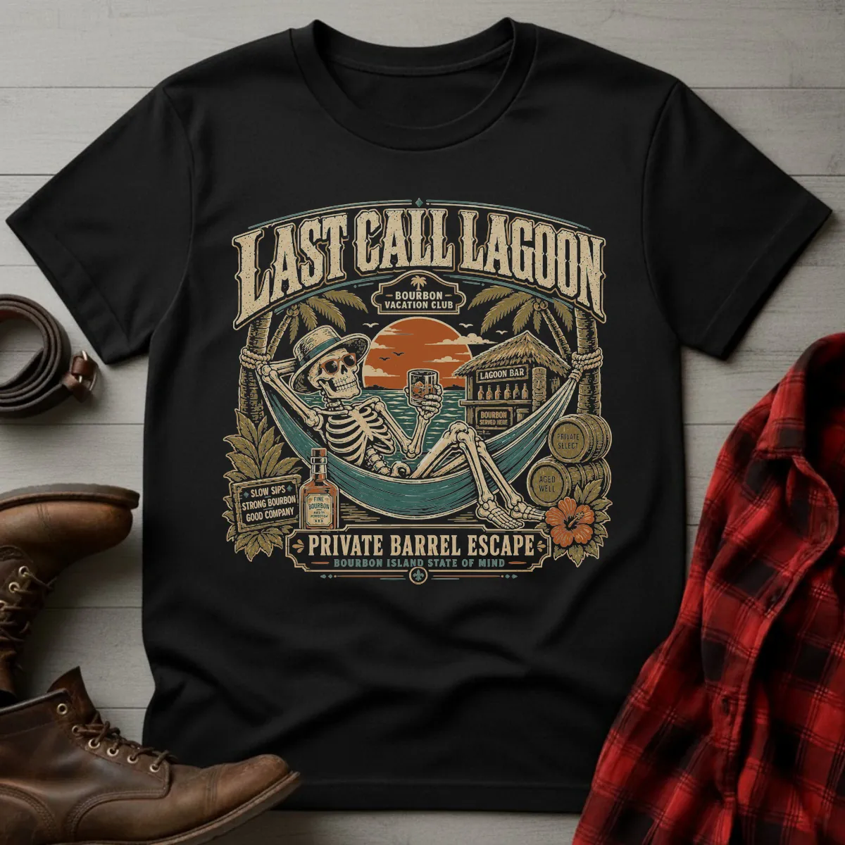 Last Call Lagoon Tiki Skeleton Whiskey T-Shirt