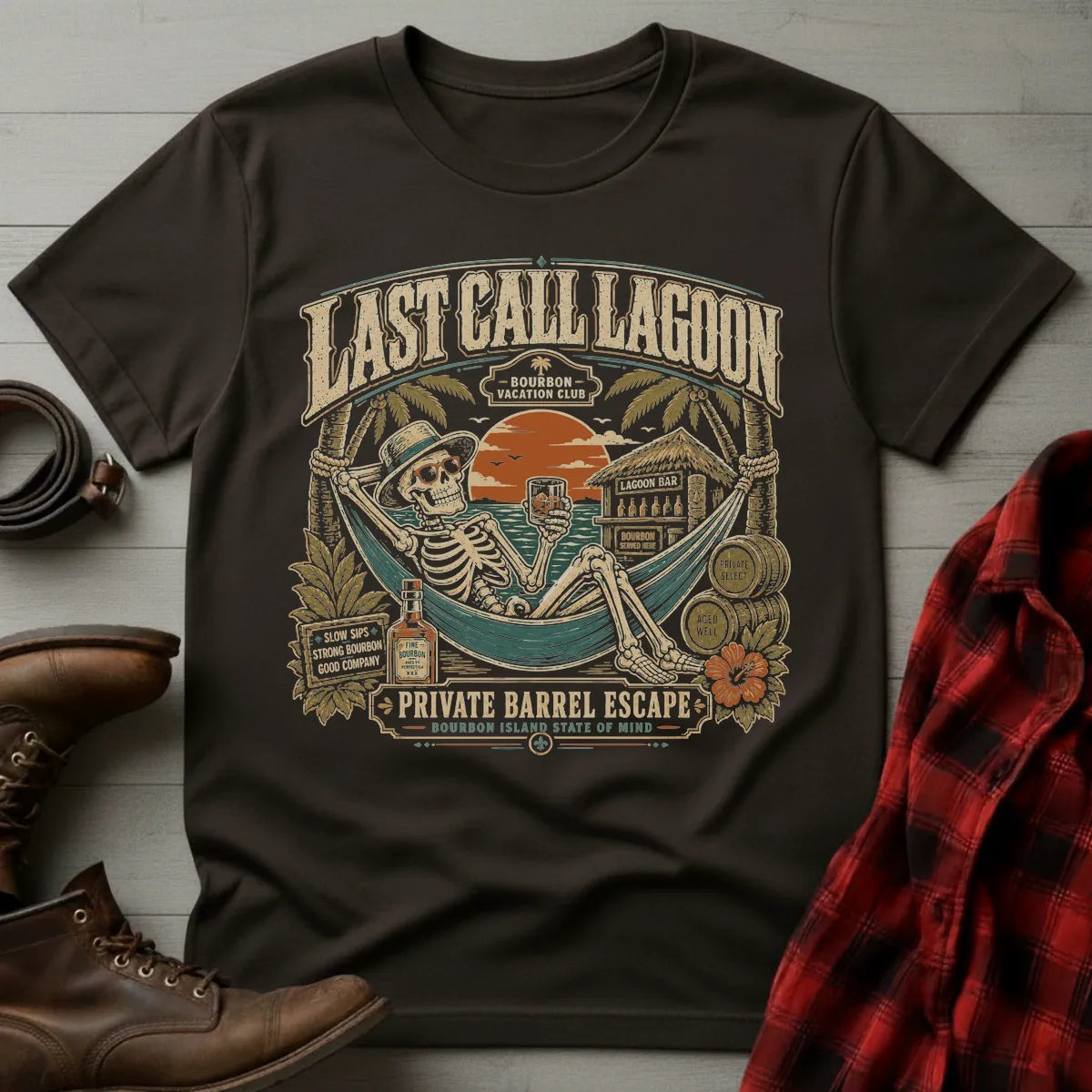 Last Call Lagoon Tiki Skeleton Whiskey T-Shirt