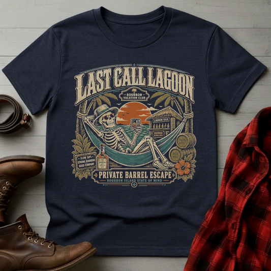 Last Call Lagoon Tiki Skeleton Whiskey T-Shirt