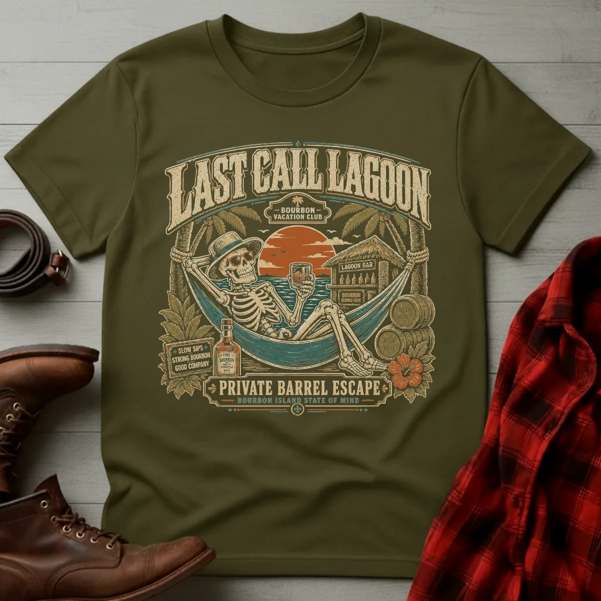 Last Call Lagoon Tiki Skeleton Whiskey T-Shirt