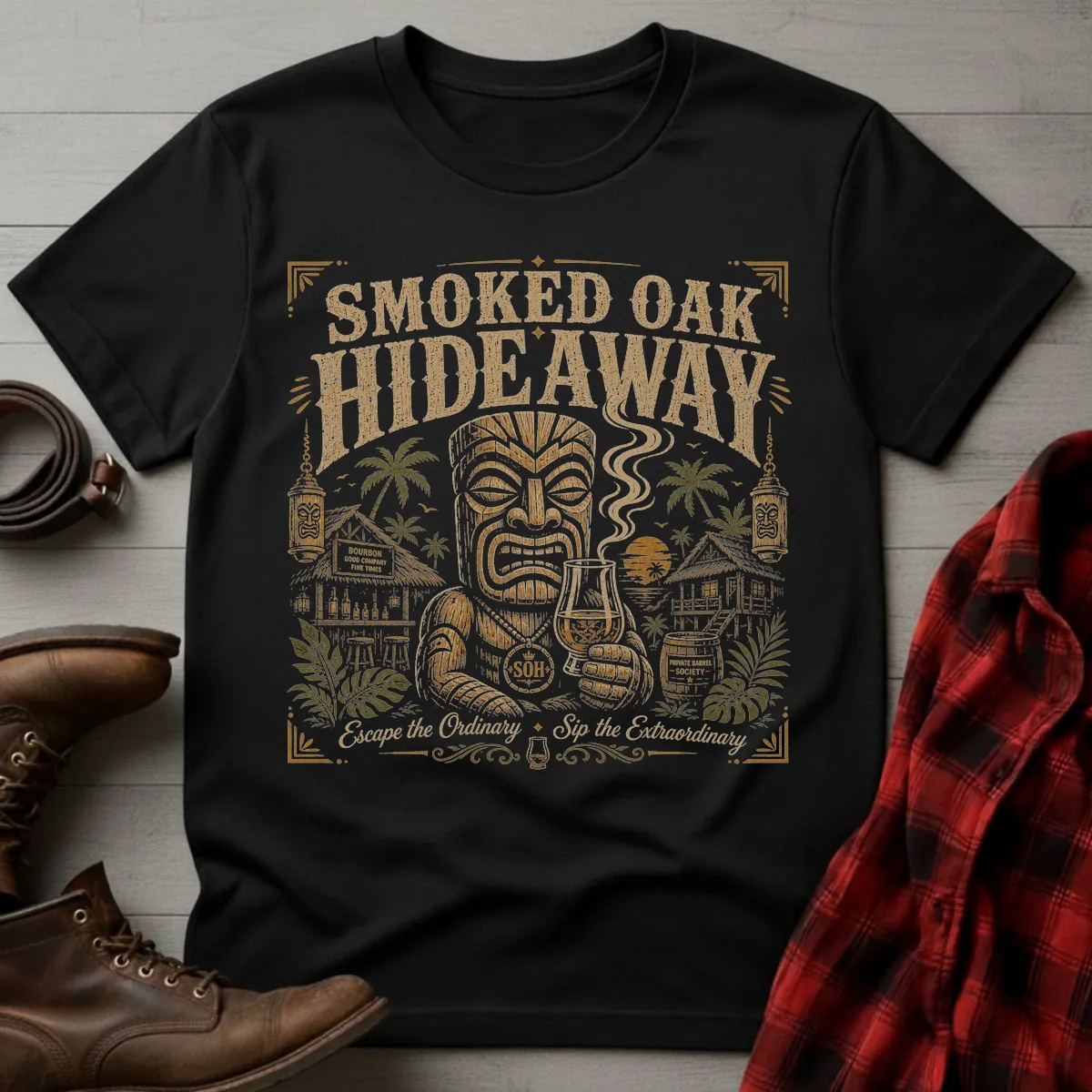 Smoked Oak Hideaway Tiki Whiskey T-Shirt