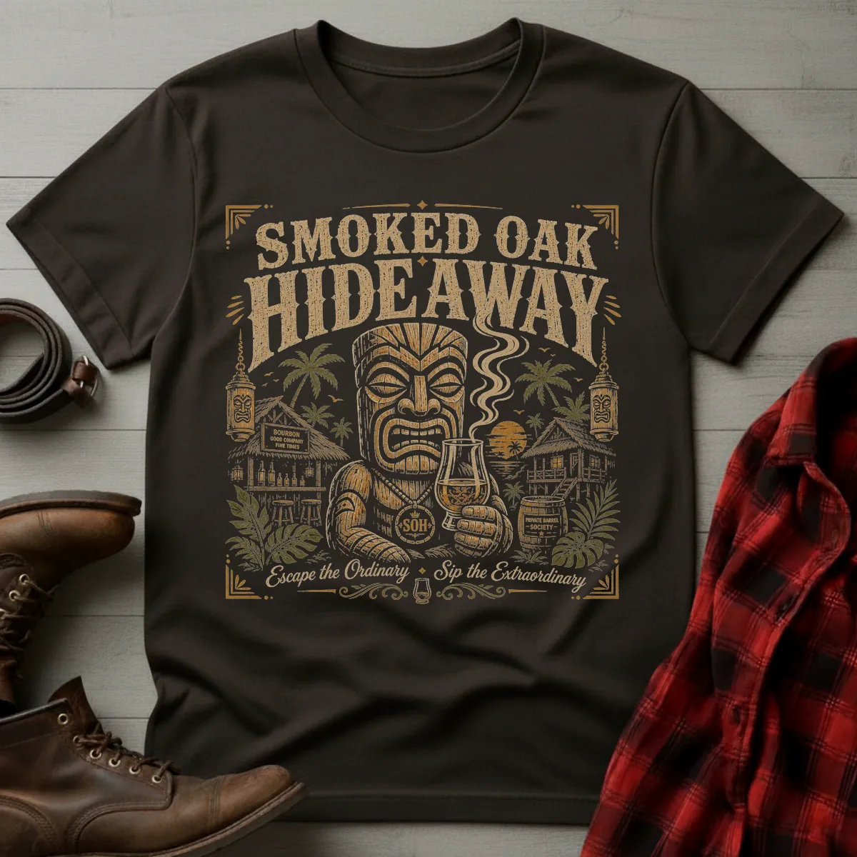 Smoked Oak Hideaway Tiki Whiskey T-Shirt