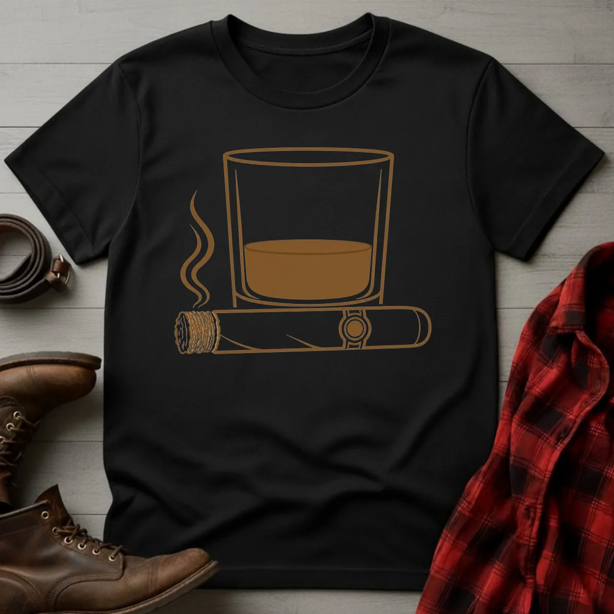 Whiskey Rocks Glass Cigar Icon T-Shirt