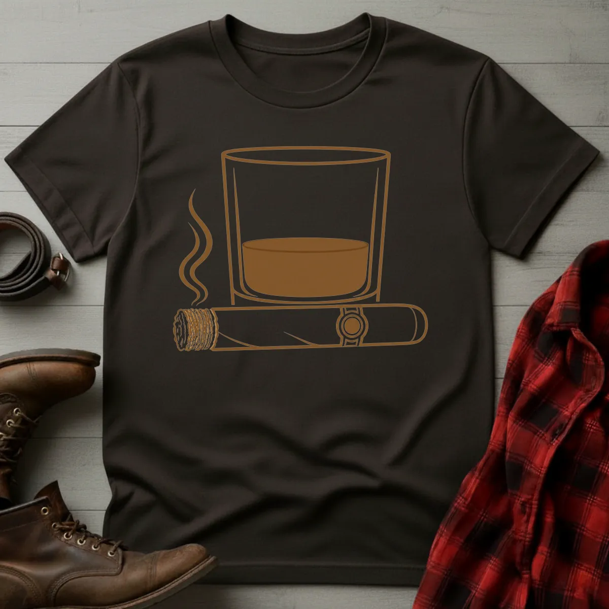 Whiskey Rocks Glass Cigar Icon T-Shirt