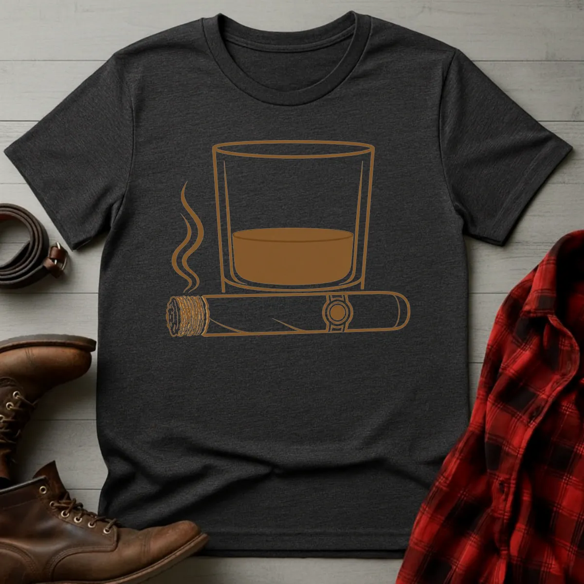 Whiskey Rocks Glass Cigar Icon T-Shirt