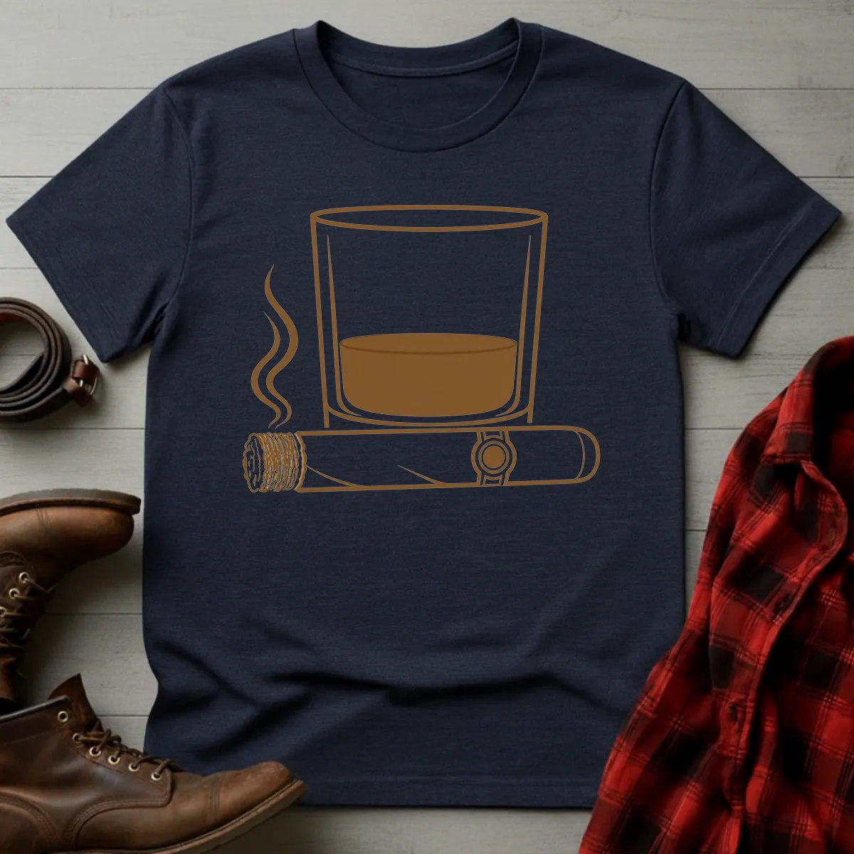 Whiskey Rocks Glass Cigar Icon T-Shirt