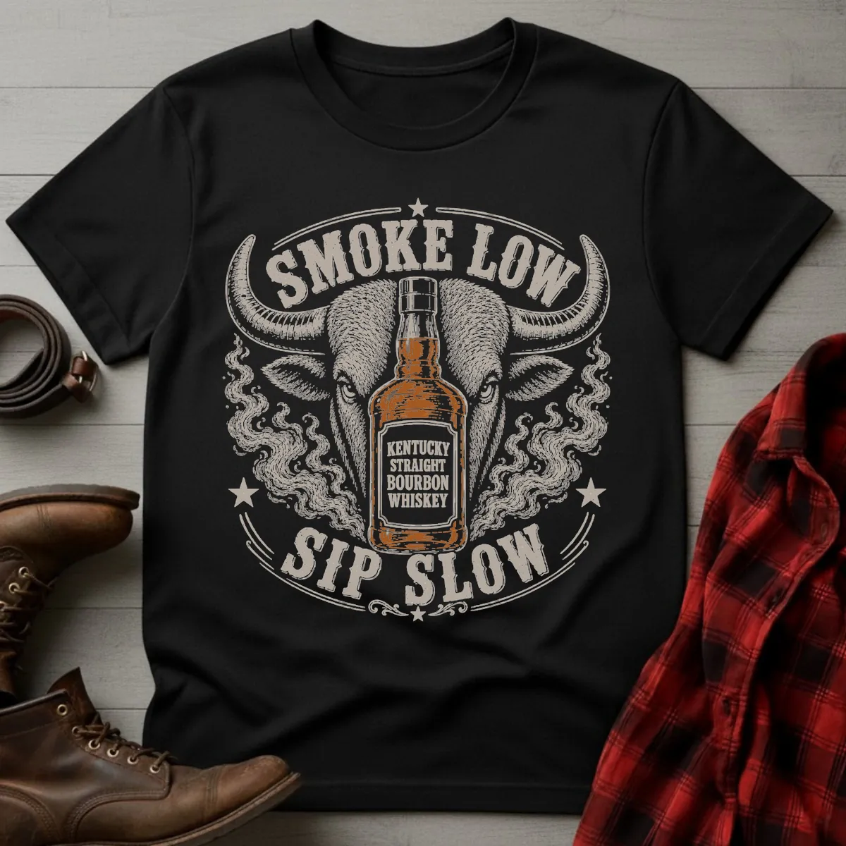 Smoke Low Sip Slow BBQ Bourbon T-Shirt