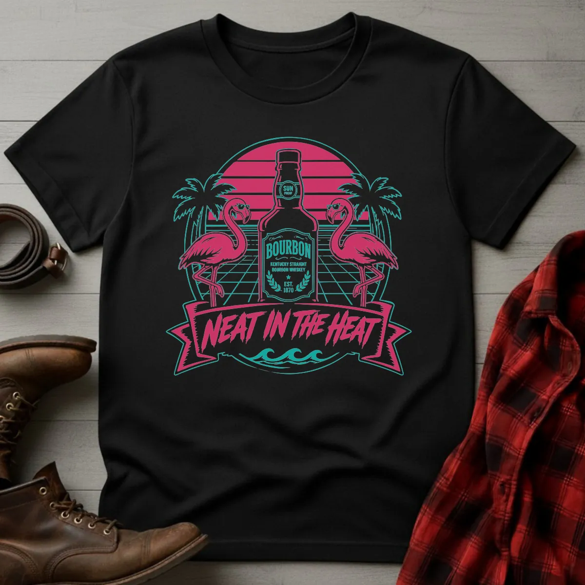 Neat in the Heat Bourbon Flamingos T-Shirt