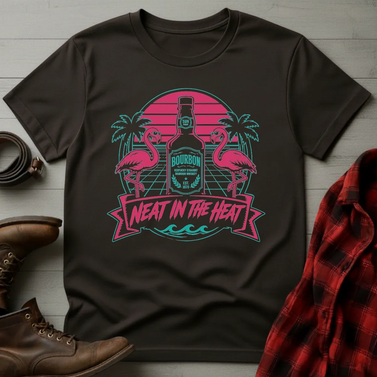 Neat in the Heat Bourbon Flamingos T-Shirt