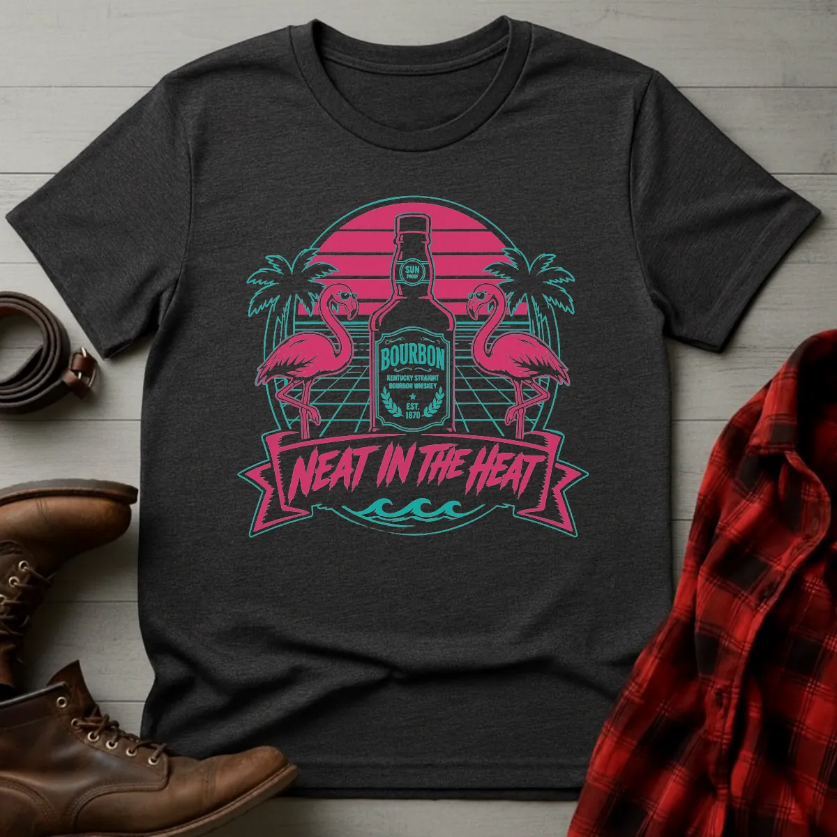 Neat in the Heat Bourbon Flamingos T-Shirt