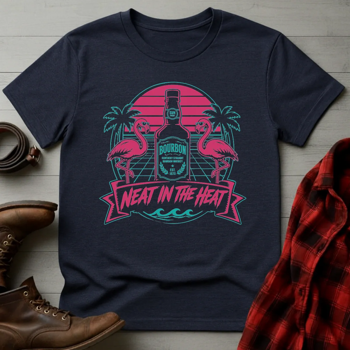 Neat in the Heat Bourbon Flamingos T-Shirt