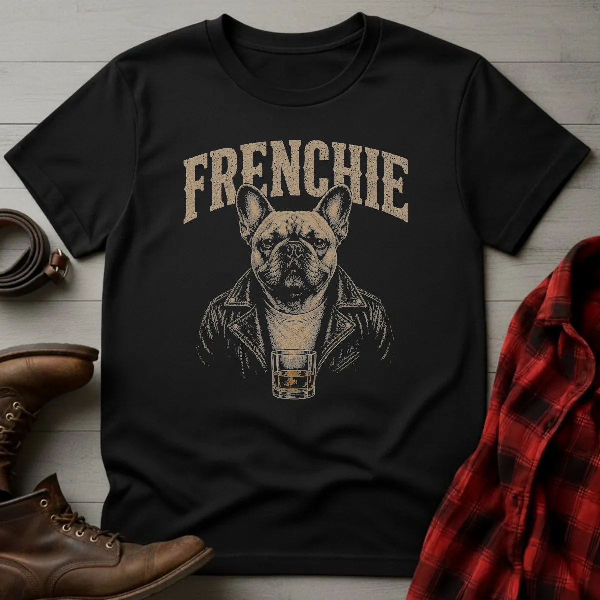 Whiskey Dog Frenchie Leather Jacket T-Shirt
