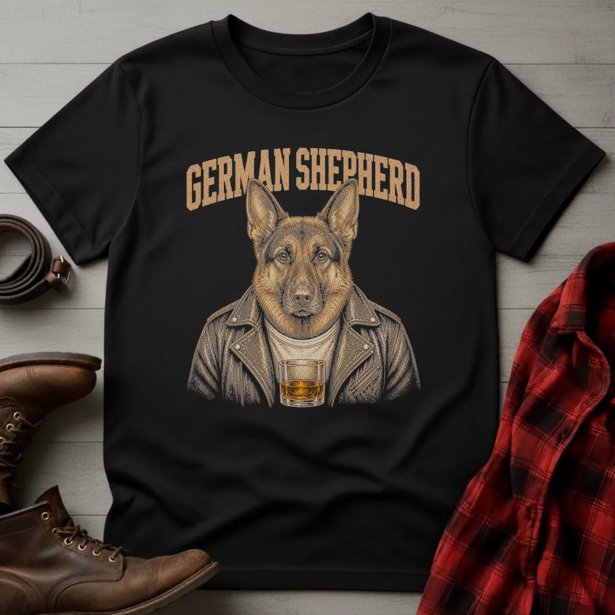 Whiskey Dog German Shepherd Leather Jacket T-Shirt