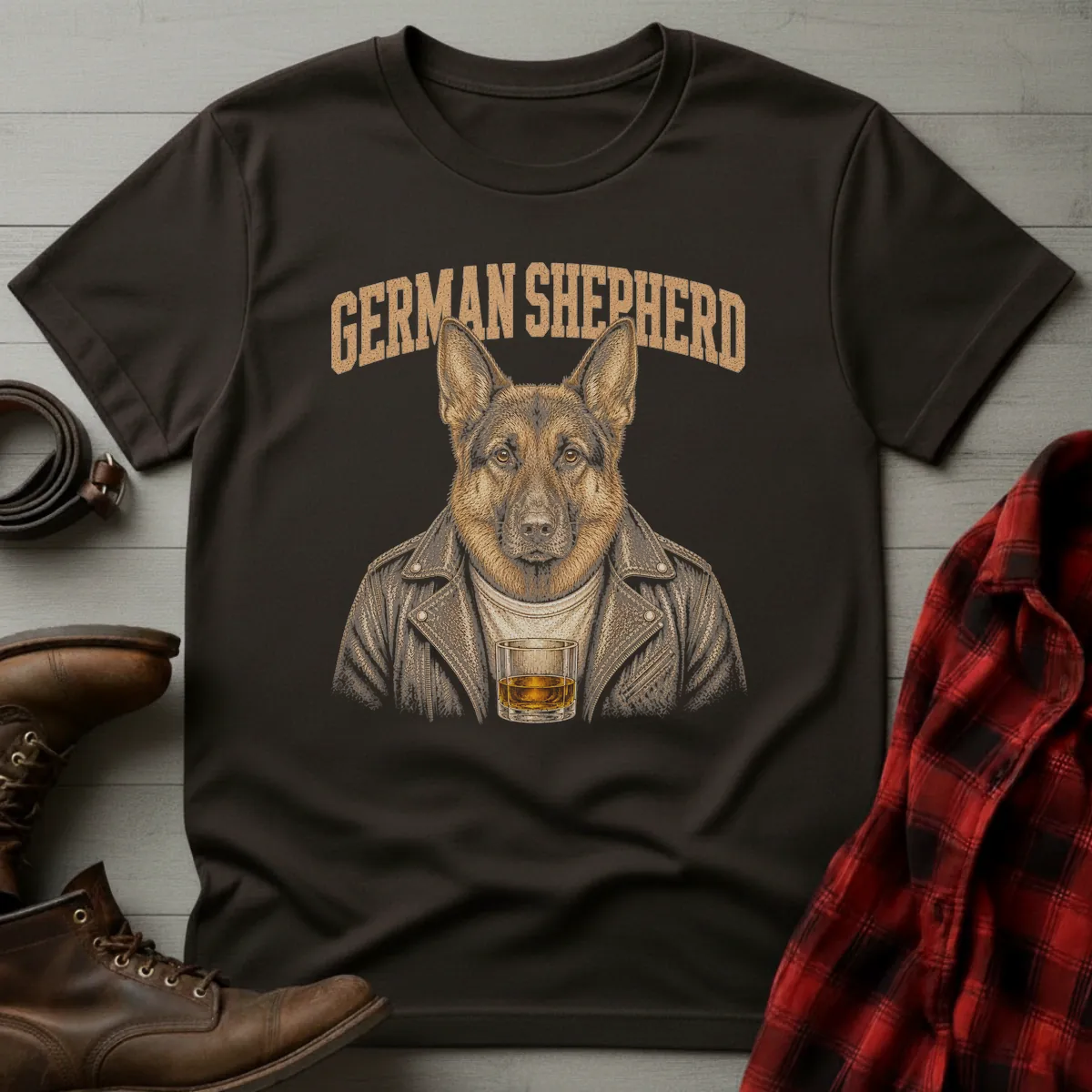 Whiskey Dog German Shepherd Leather Jacket T-Shirt