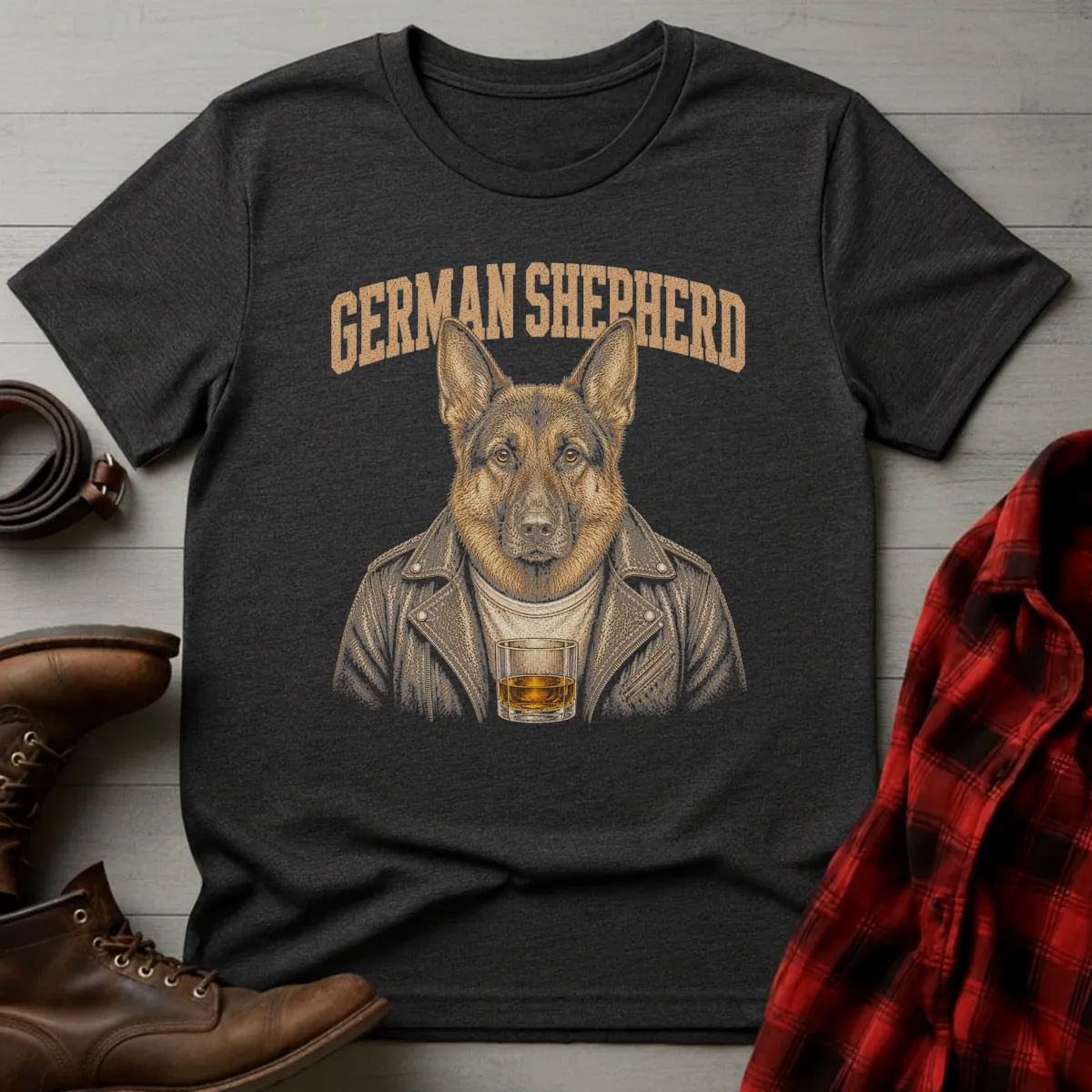Whiskey Dog German Shepherd Leather Jacket T-Shirt