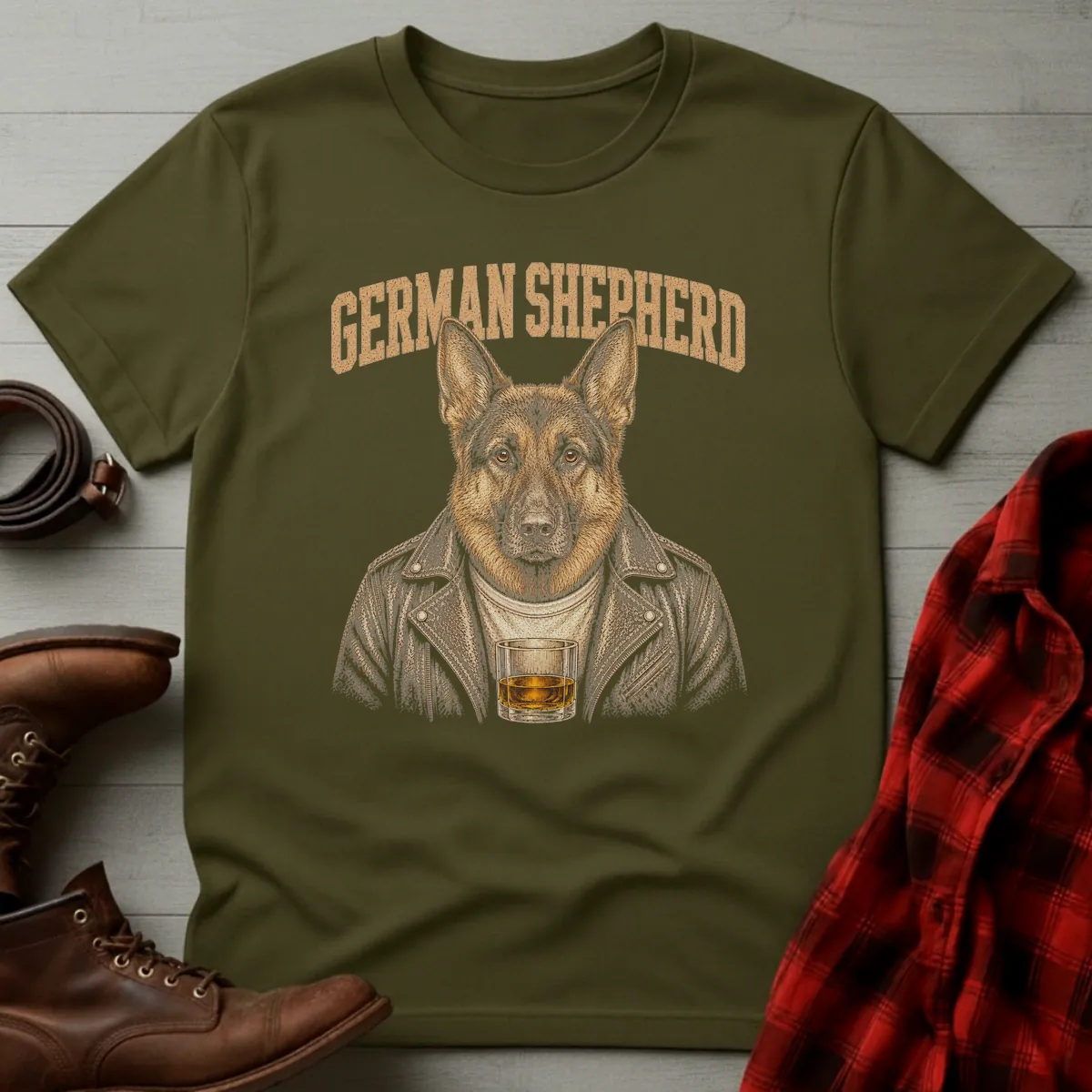Whiskey Dog German Shepherd Leather Jacket T-Shirt