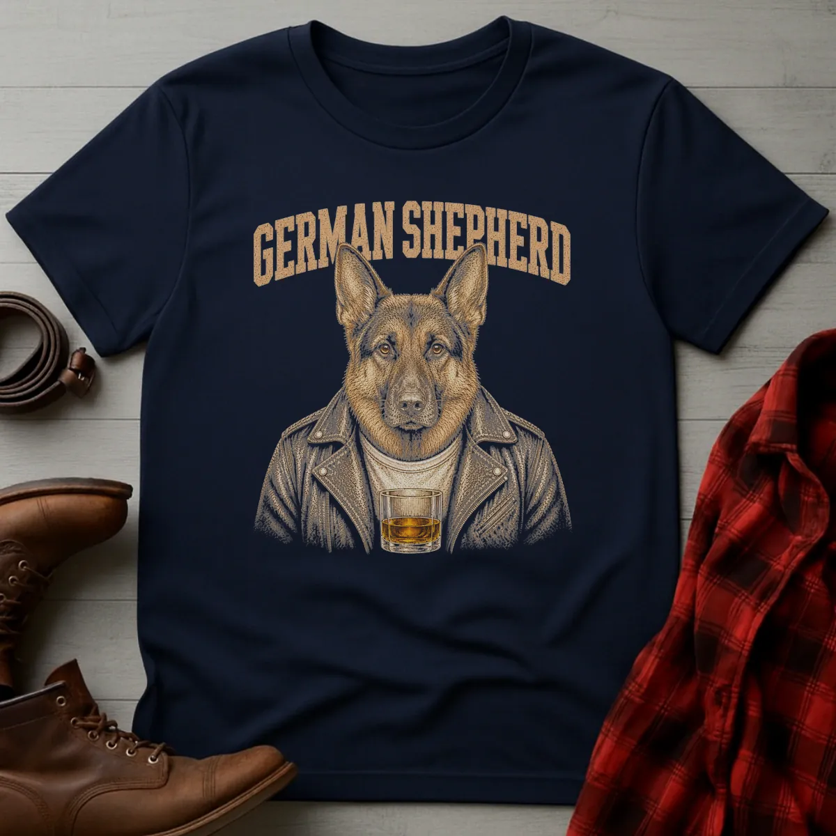 Whiskey Dog German Shepherd Leather Jacket T-Shirt