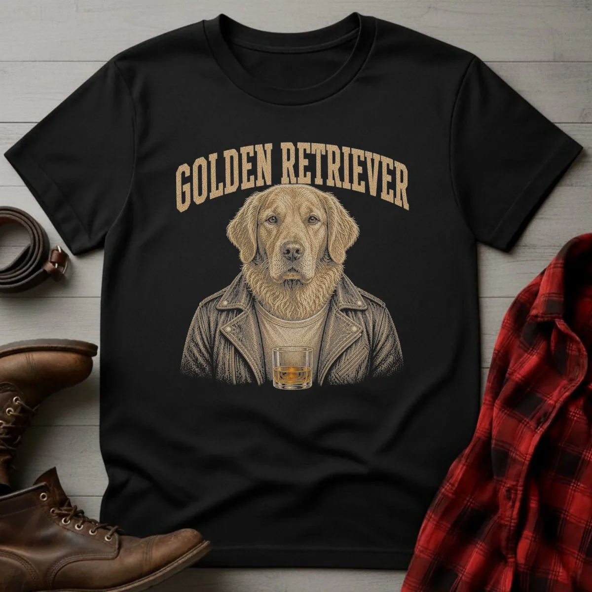 Whiskey Dog Golden Retriever Leather Jacket T-Shirt