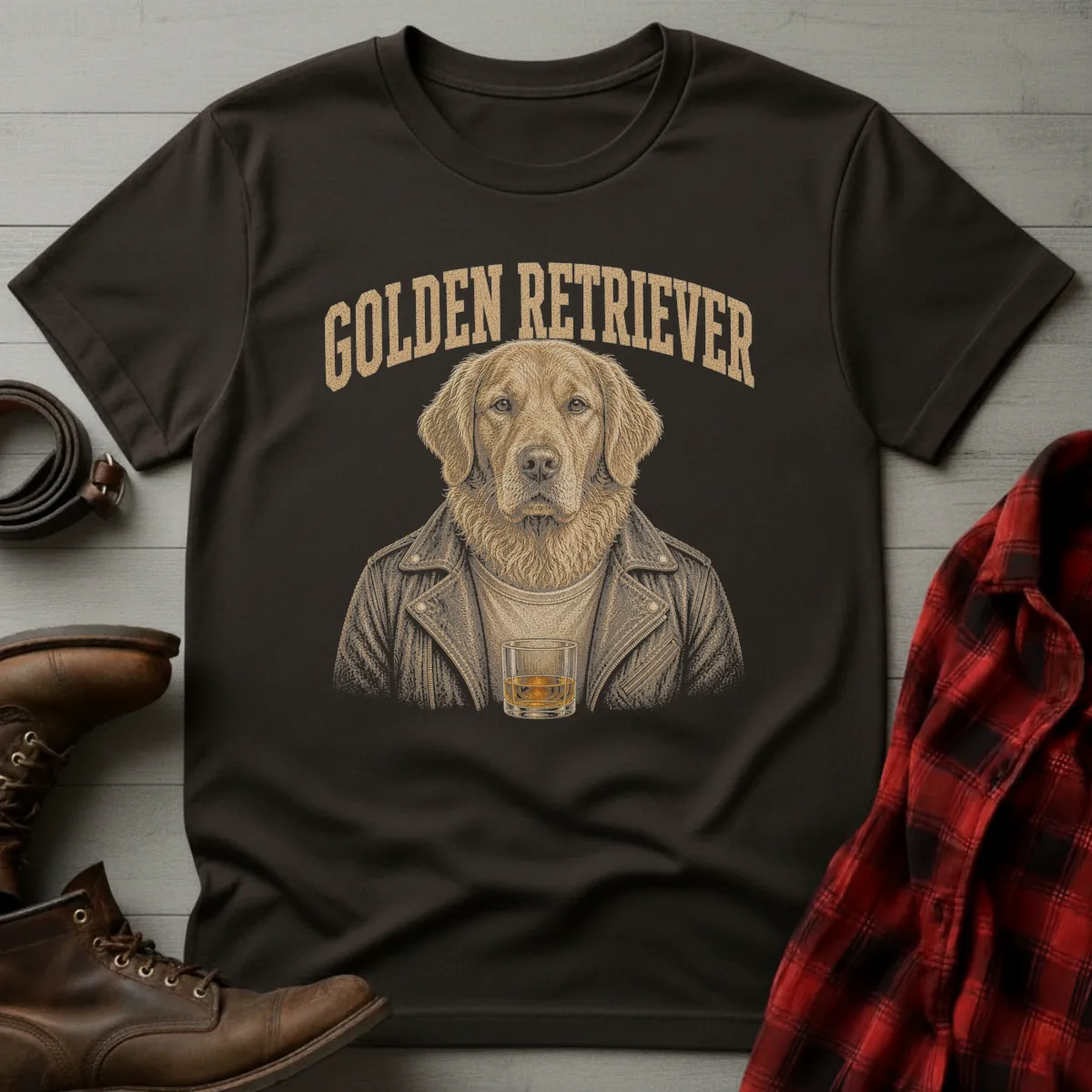 Whiskey Dog Golden Retriever Leather Jacket T-Shirt