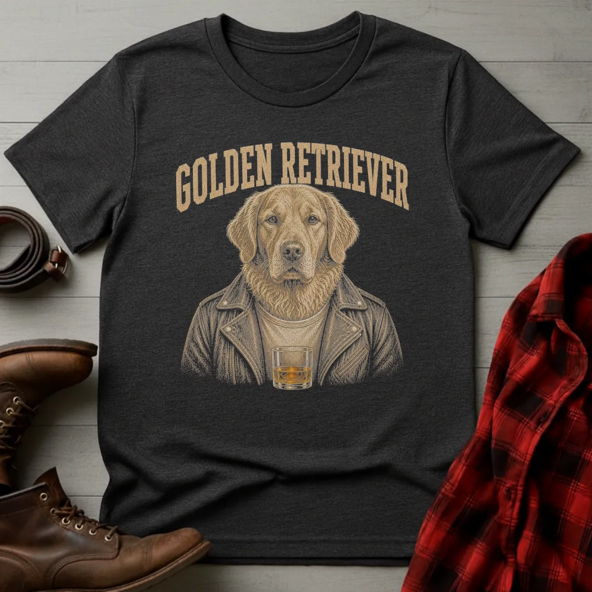 Whiskey Dog Golden Retriever Leather Jacket T-Shirt