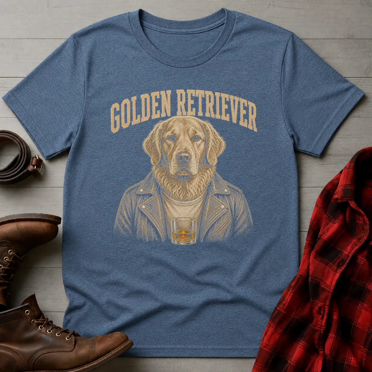 Whiskey Dog Golden Retriever Leather Jacket T-Shirt