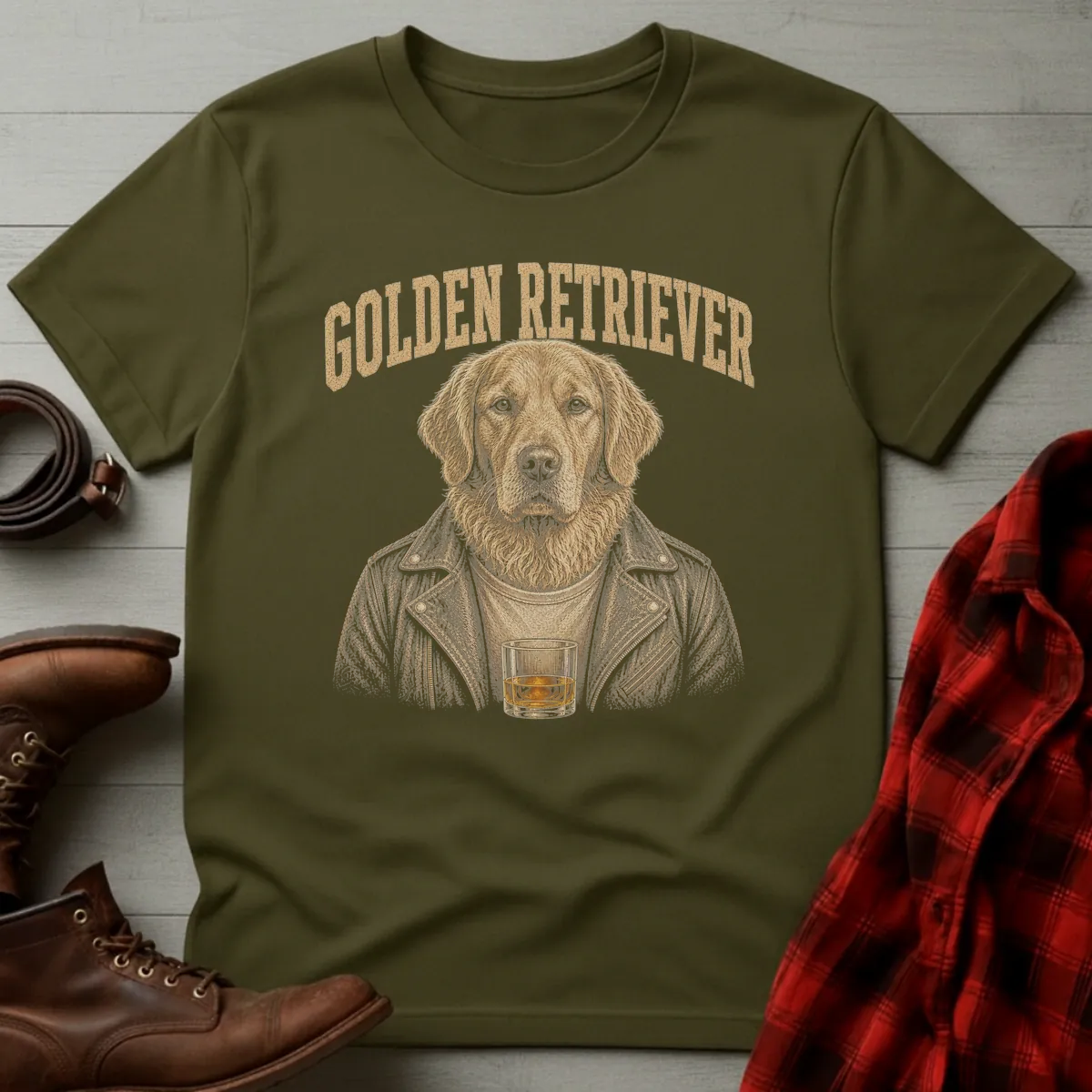 Whiskey Dog Golden Retriever Leather Jacket T-Shirt