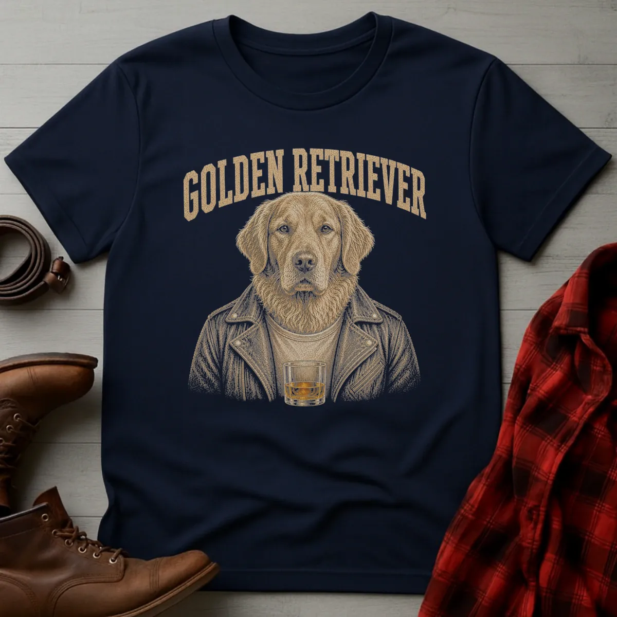 Whiskey Dog Golden Retriever Leather Jacket T-Shirt
