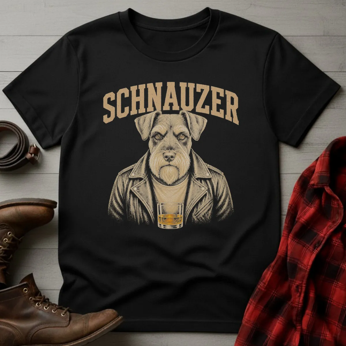 Whiskey Dog Schnauzer Leather Jacket T-Shirt