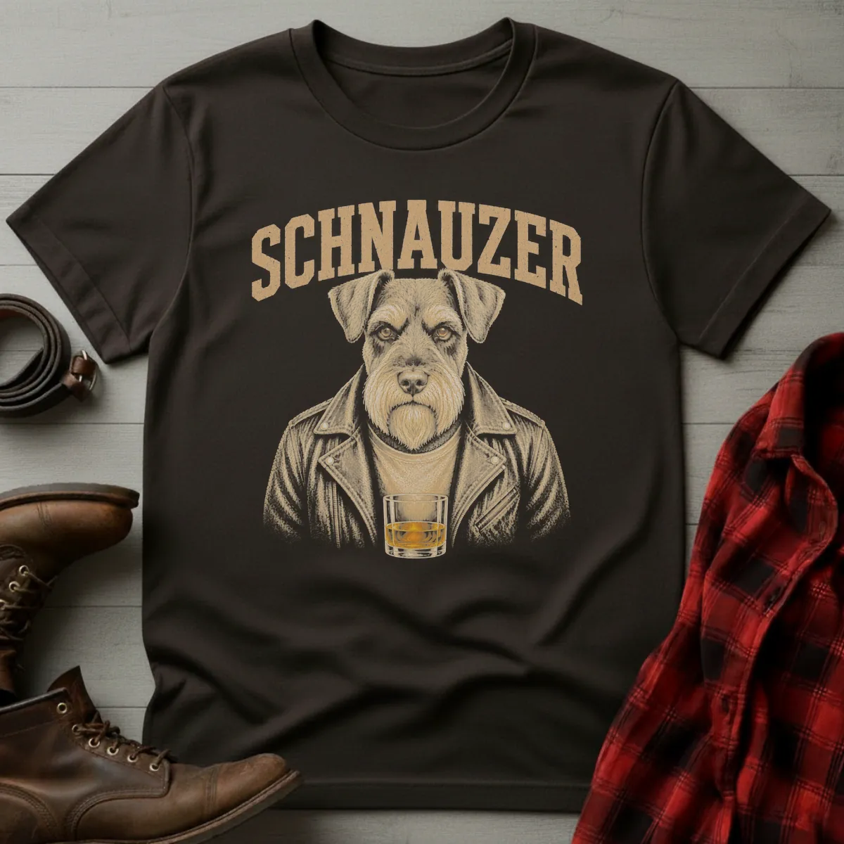 Whiskey Dog Schnauzer Leather Jacket T-Shirt