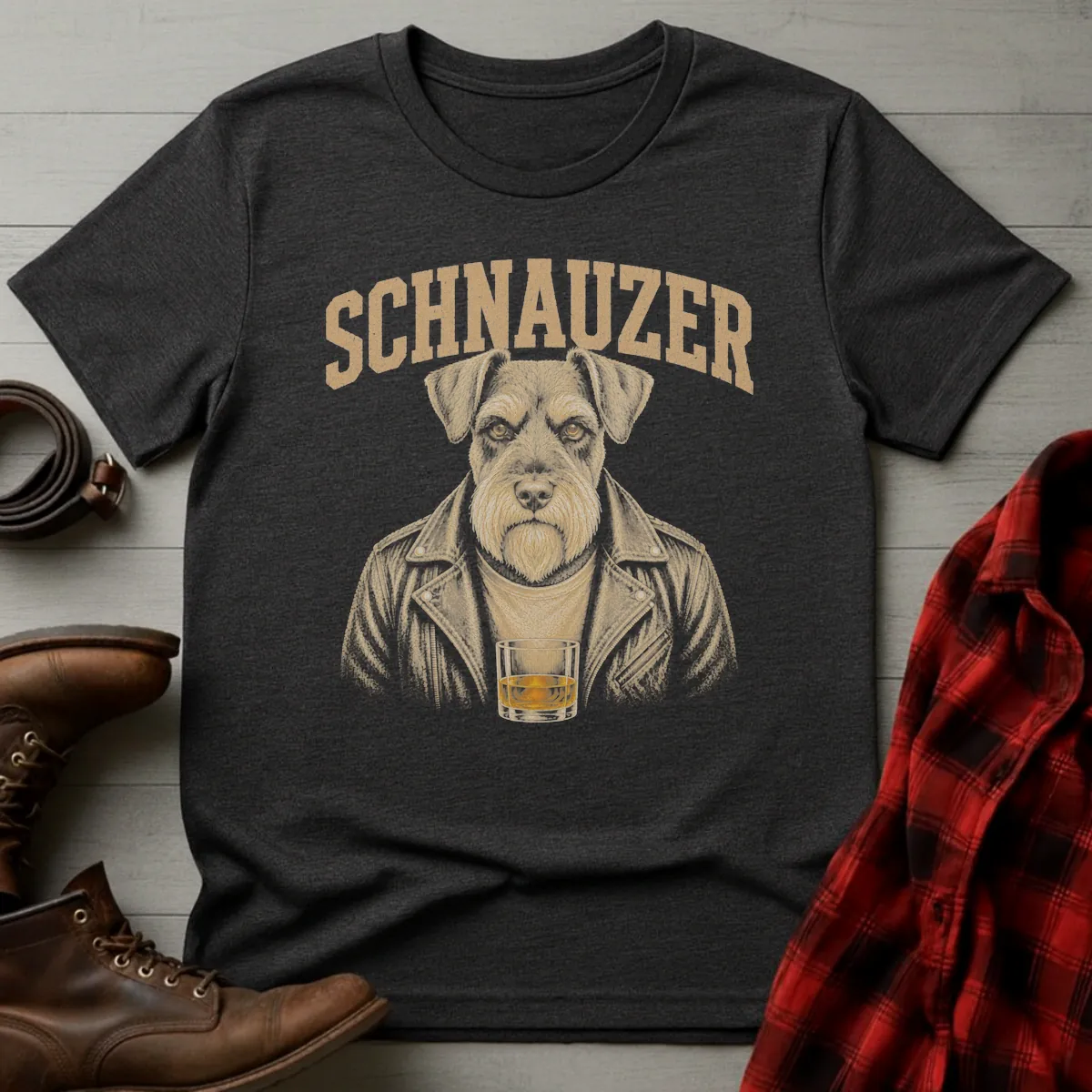 Whiskey Dog Schnauzer Leather Jacket T-Shirt