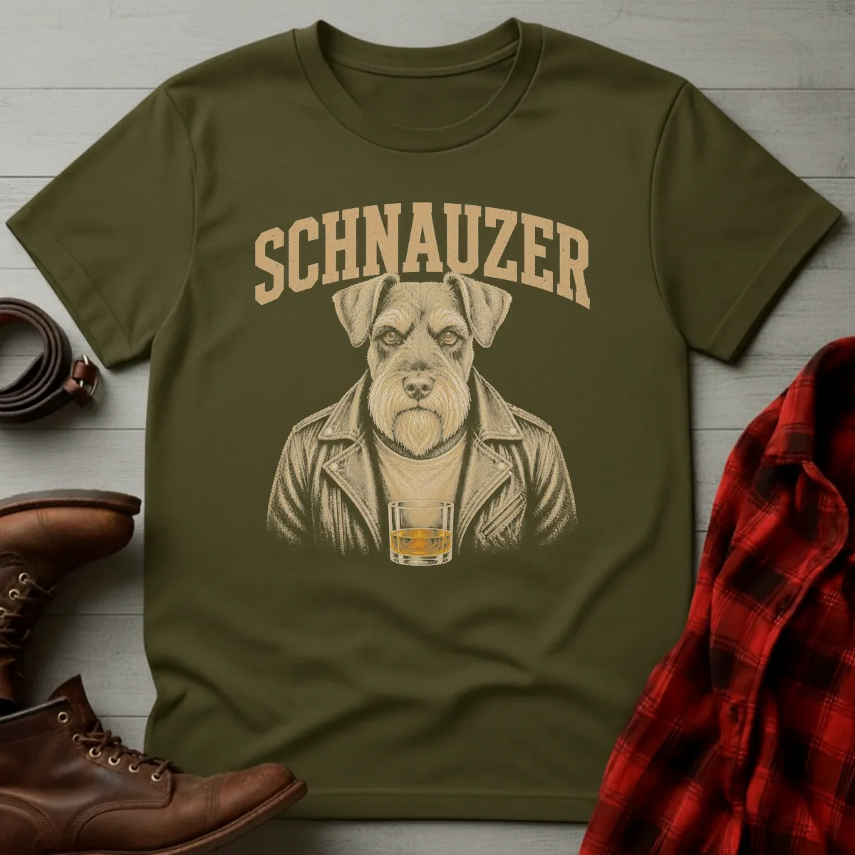 Whiskey Dog Schnauzer Leather Jacket T-Shirt