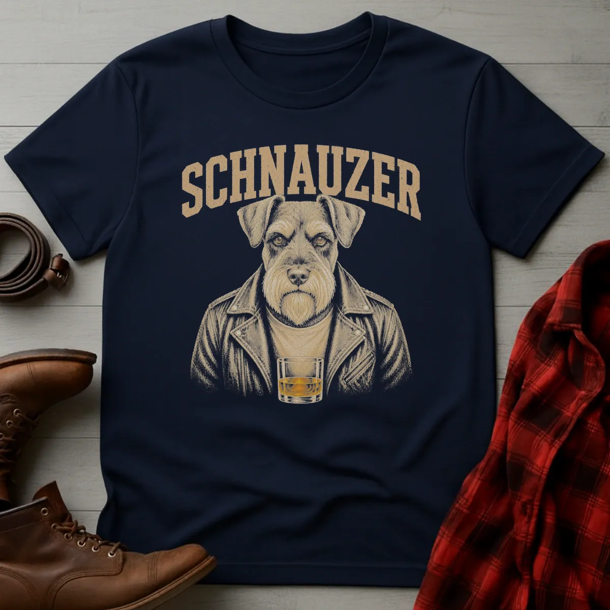 Whiskey Dog Schnauzer Leather Jacket T-Shirt