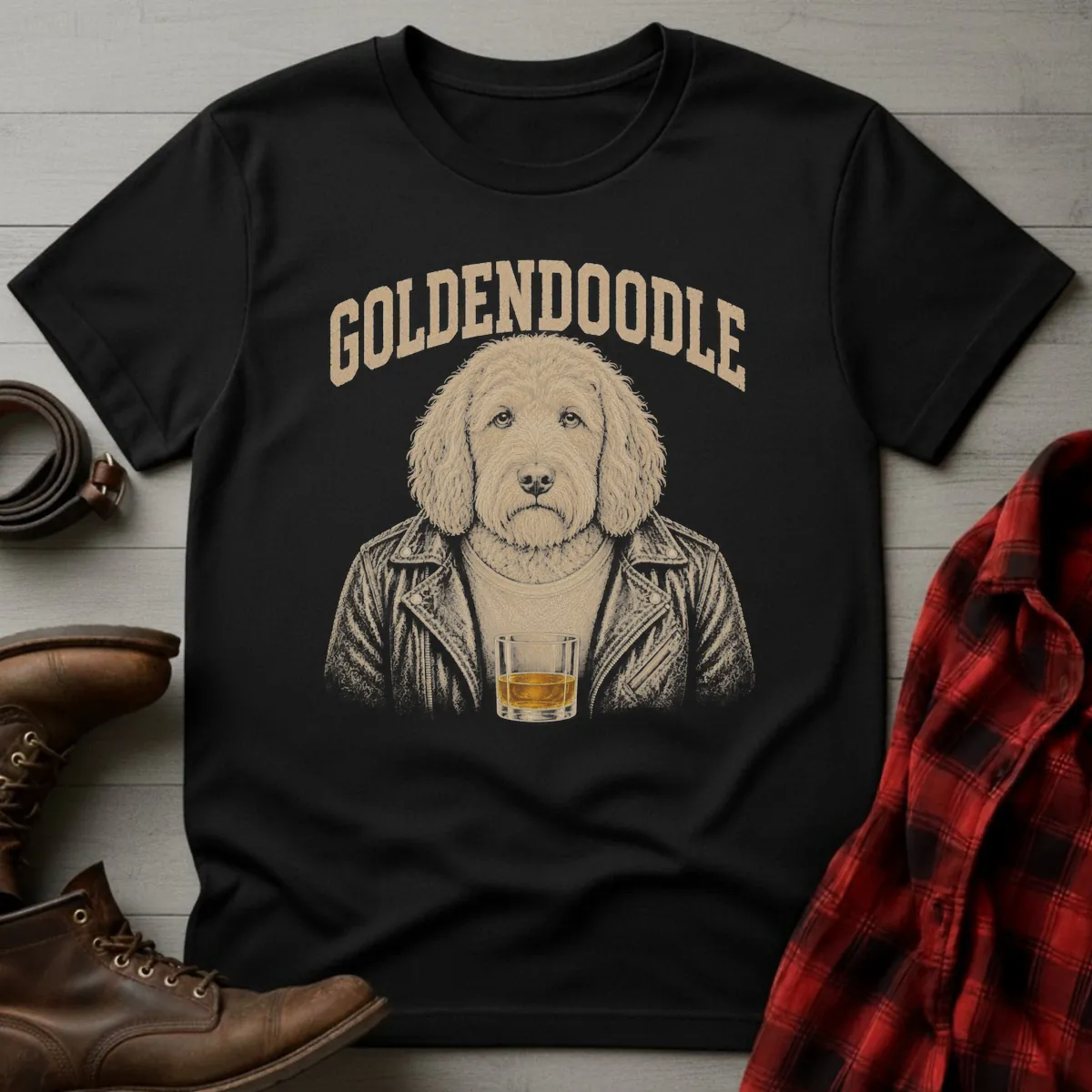 Whiskey Dog Goldendoodle Leather Jacket T-Shirt