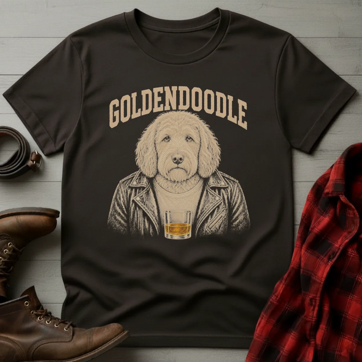 Whiskey Dog Goldendoodle Leather Jacket T-Shirt