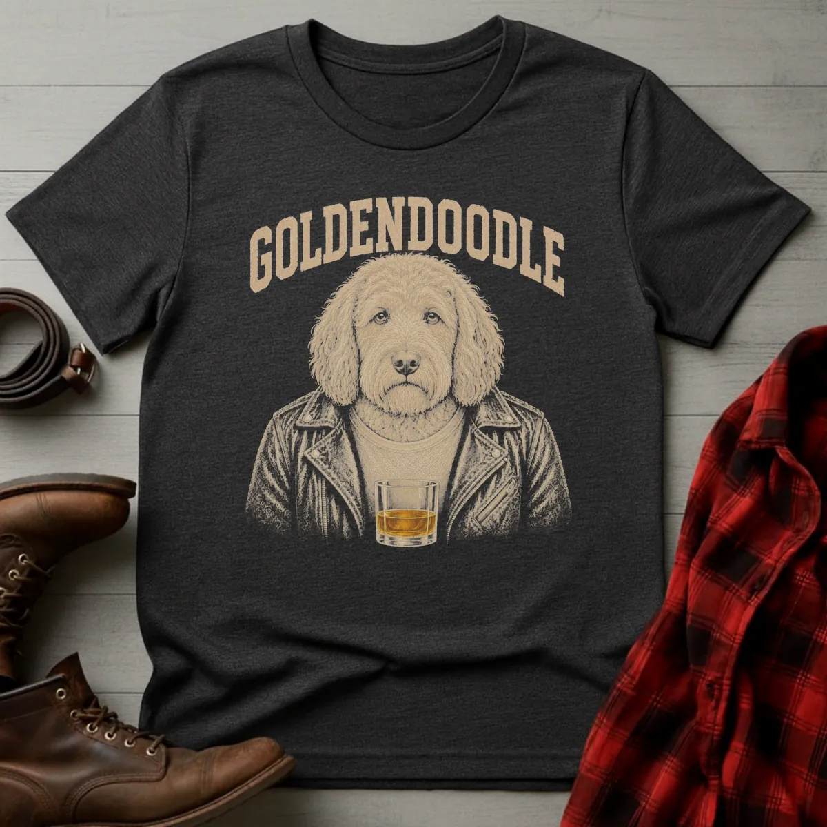 Whiskey Dog Goldendoodle Leather Jacket T-Shirt