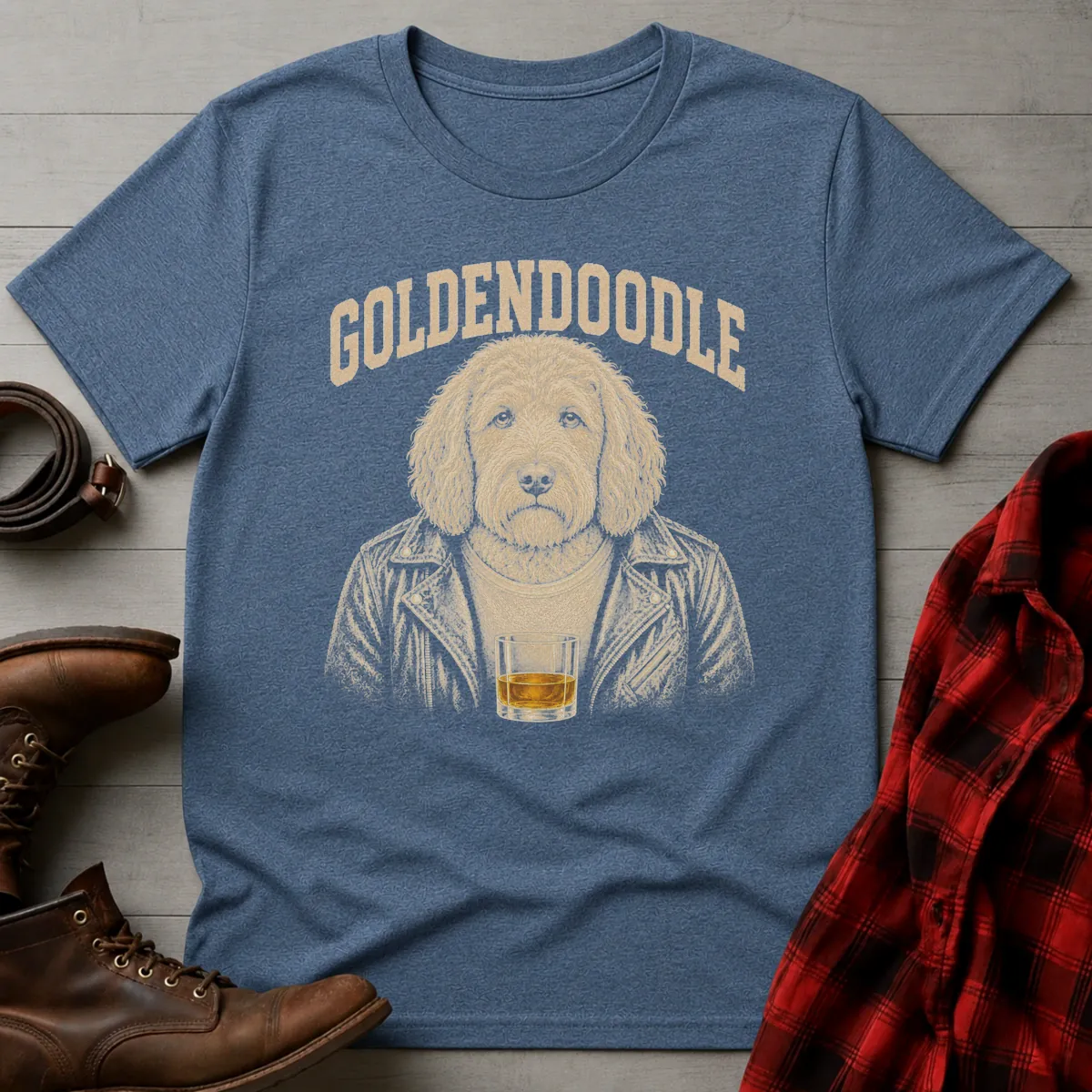 Whiskey Dog Goldendoodle Leather Jacket T-Shirt