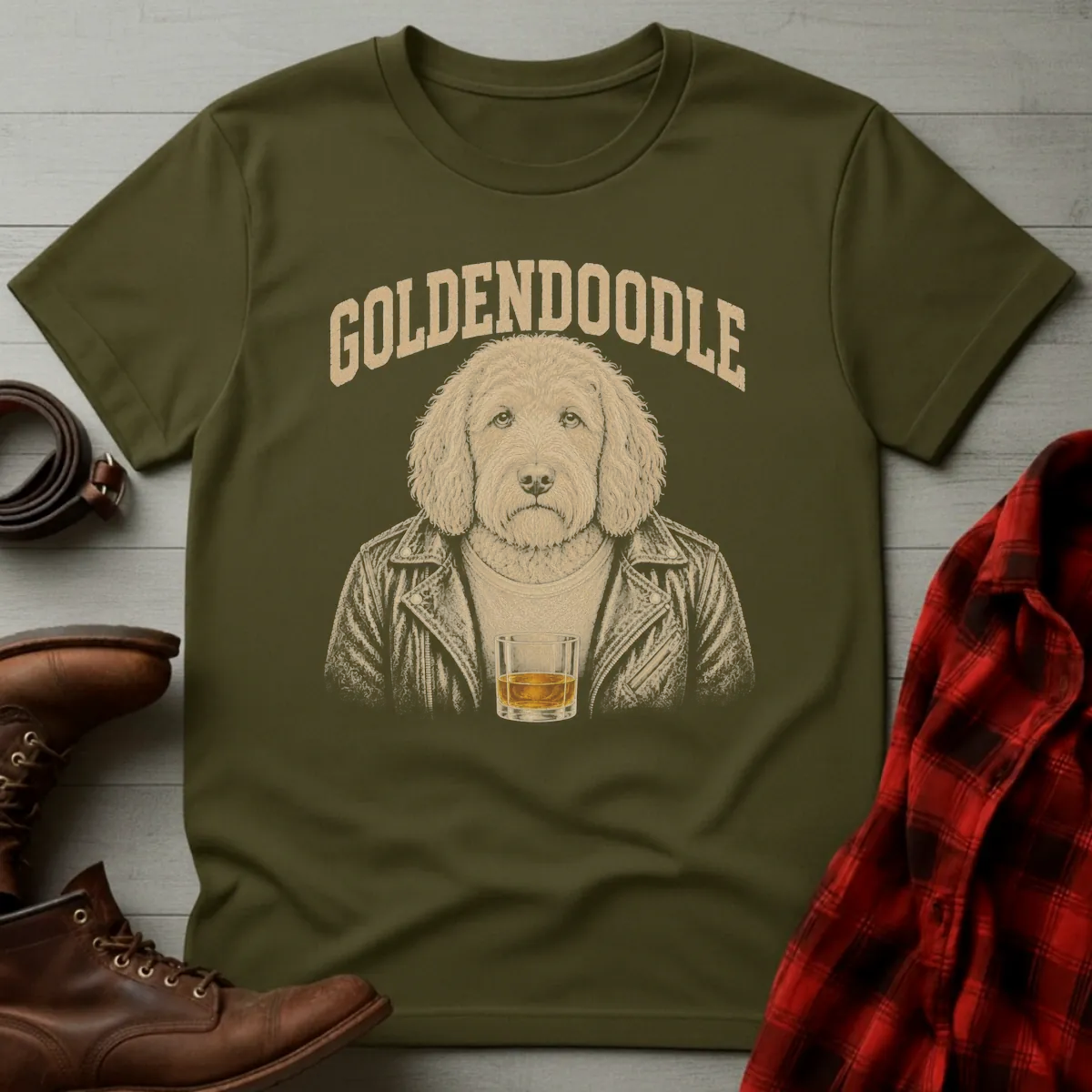 Whiskey Dog Goldendoodle Leather Jacket T-Shirt