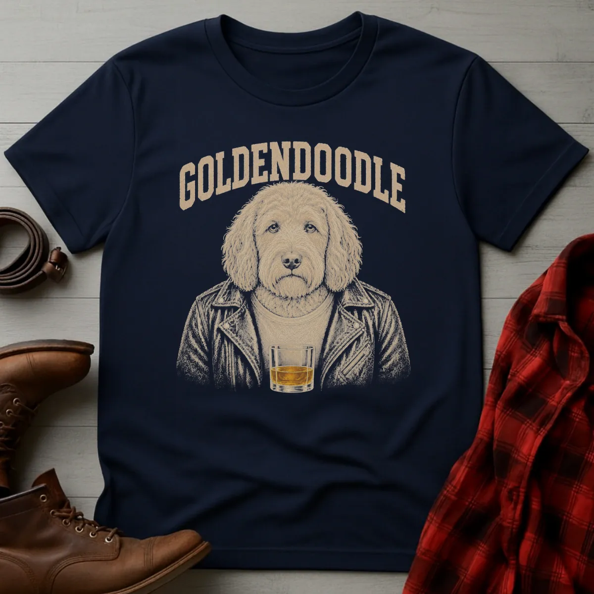 Whiskey Dog Goldendoodle Leather Jacket T-Shirt