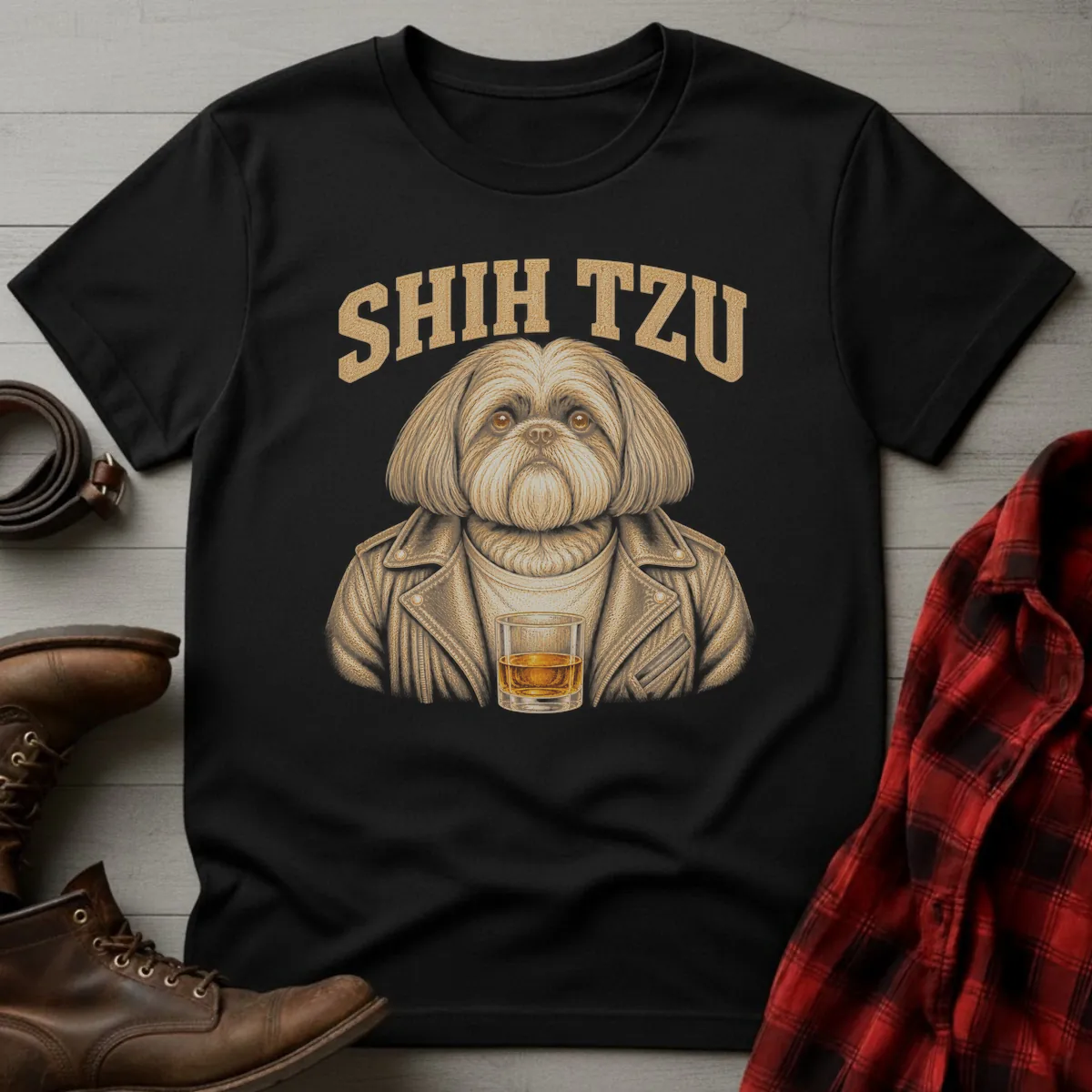 Whiskey Dog Shih Tzu Leather Jacket T-Shirt