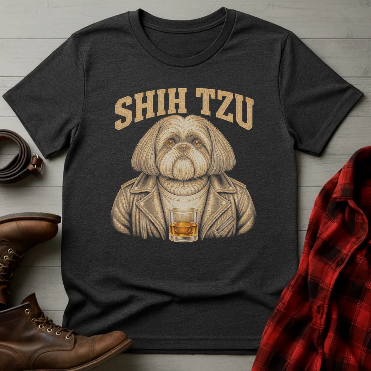 Whiskey Dog Shih Tzu Leather Jacket T-Shirt