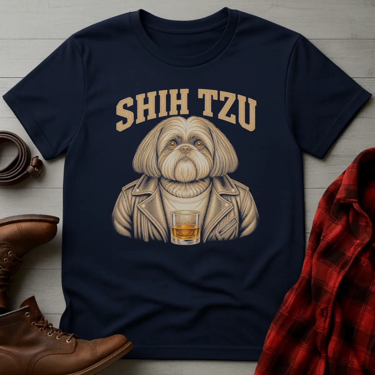 Whiskey Dog Shih Tzu Leather Jacket T-Shirt