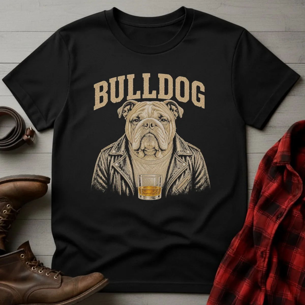 Whiskey Dog Bulldog Leather Jacket T-Shirt