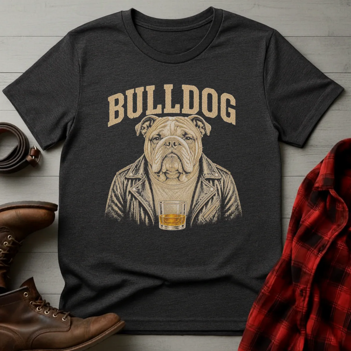 Whiskey Dog Bulldog Leather Jacket T-Shirt