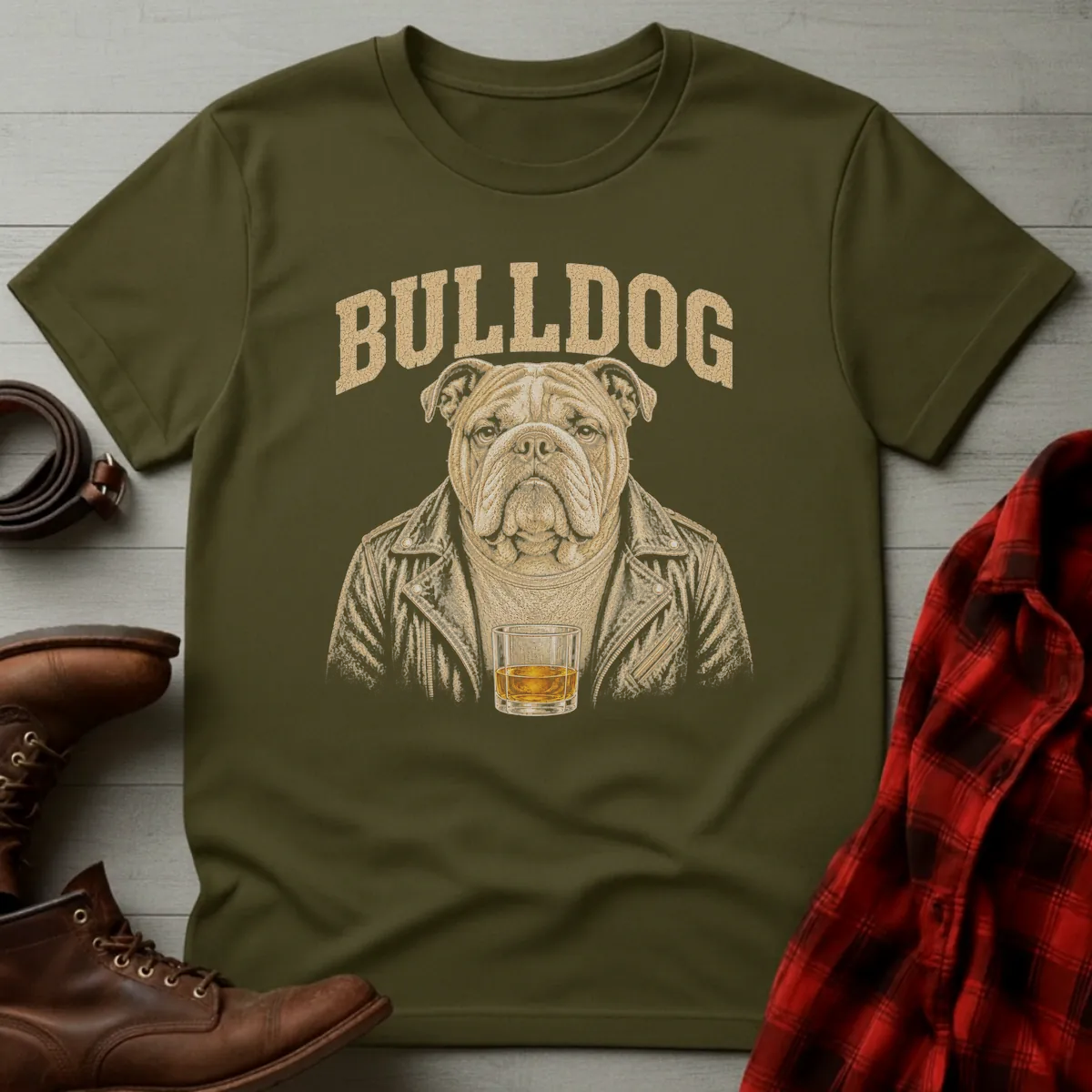 Whiskey Dog Bulldog Leather Jacket T-Shirt