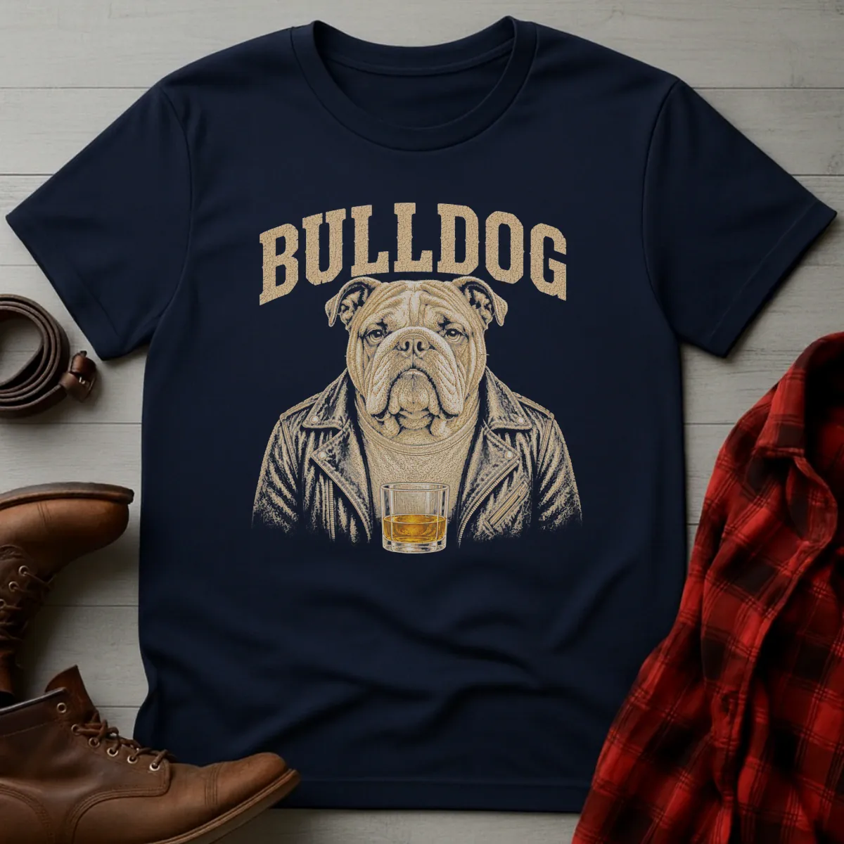 Whiskey Dog Bulldog Leather Jacket T-Shirt