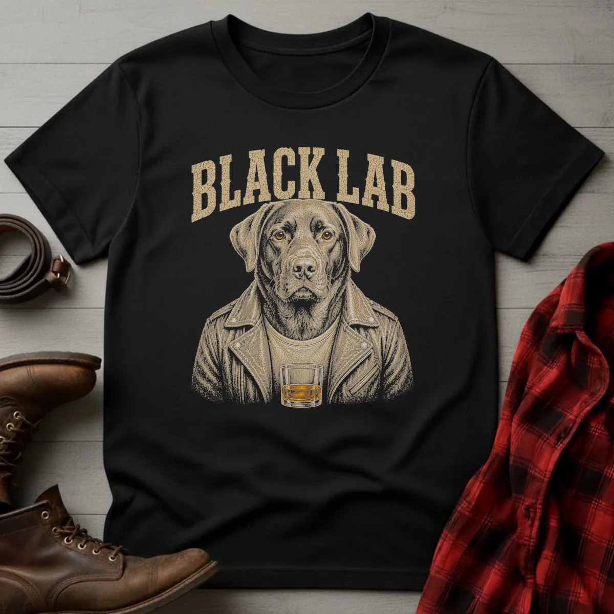 Whiskey Dog Black Lab Leather Jacket T-Shirt