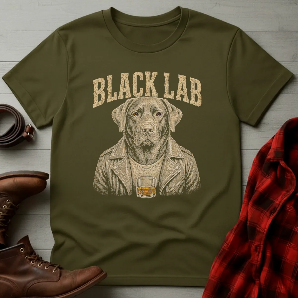 Whiskey Dog Black Lab Leather Jacket T-Shirt