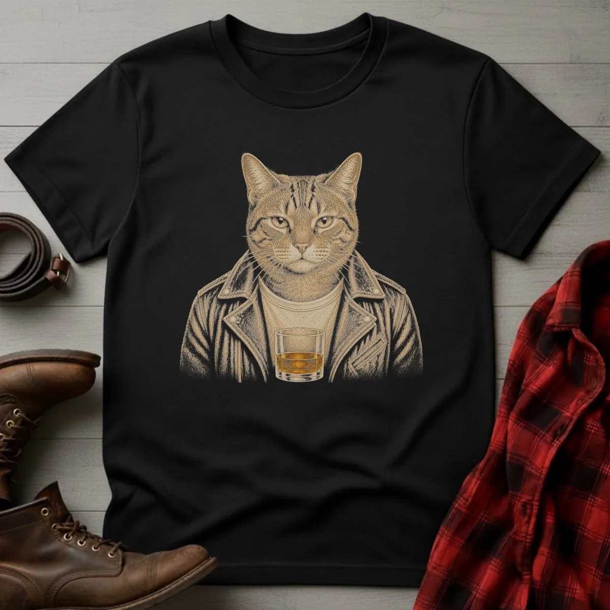 Whiskey Cat Tabby Leather Jacket T-Shirt