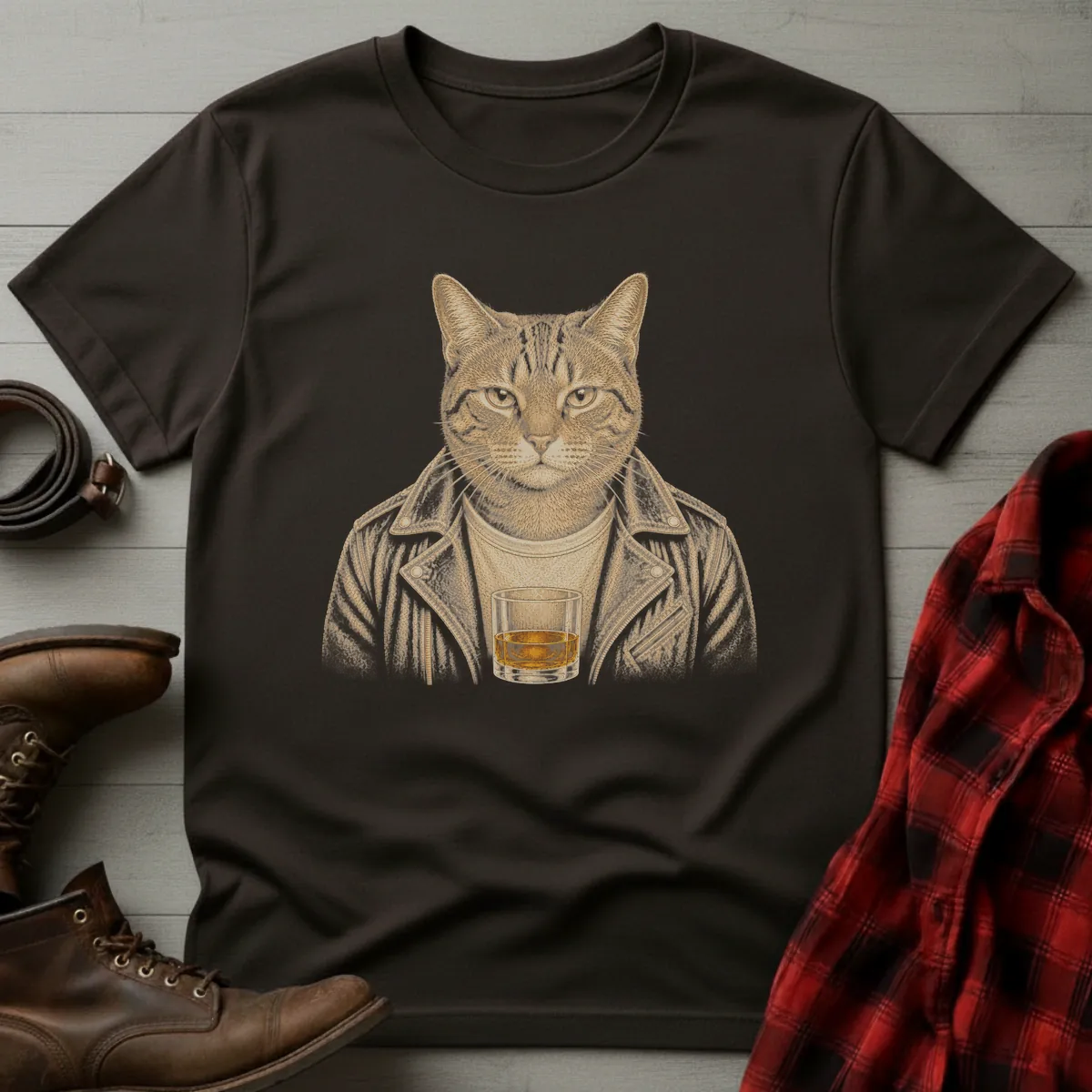 Whiskey Cat Tabby Leather Jacket T-Shirt