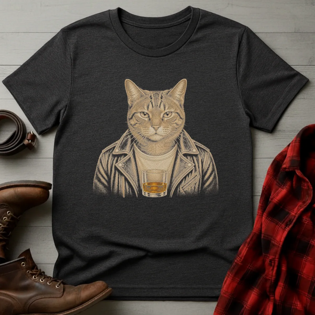 Whiskey Cat Tabby Leather Jacket T-Shirt